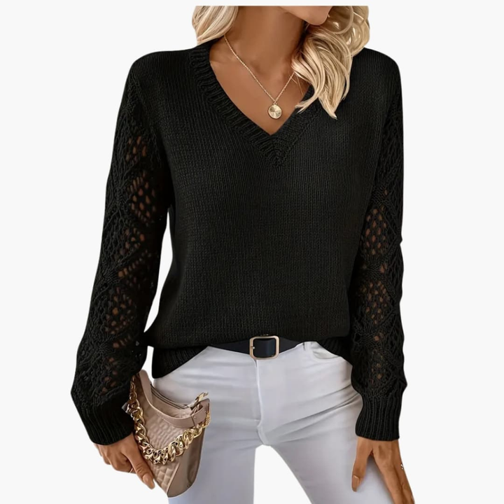 Women's V-Neck Knitted Jumper with stylish open sleeve detail, perfect for autumn casual wear.