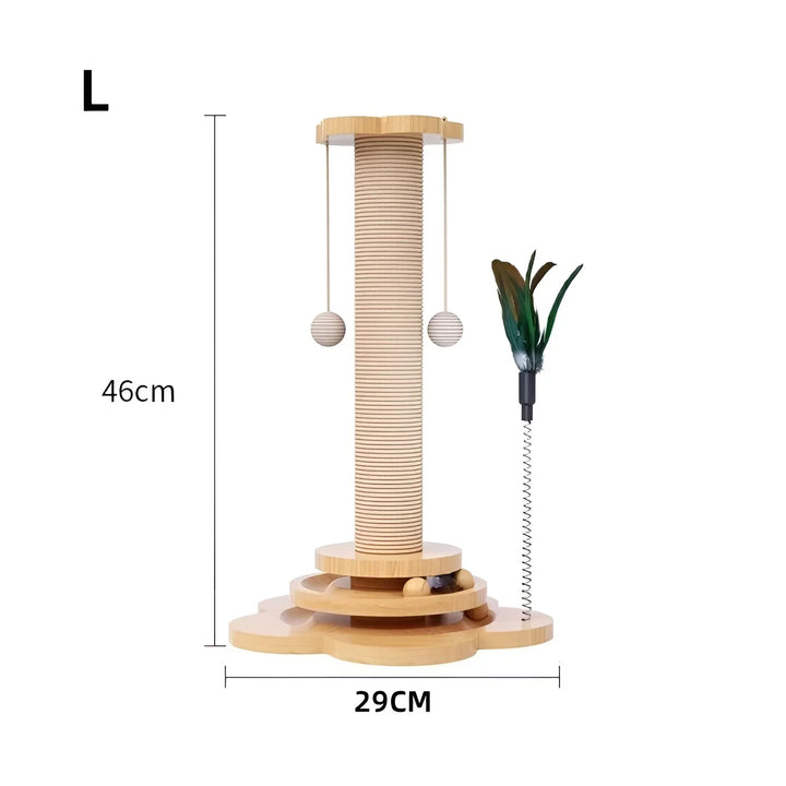 Cat's natural wood scratching post with a sturdy base, feather toy, and play balls for endless fun.