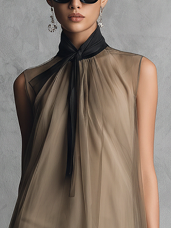 Stylish women's sleeveless two-tone khaki & brown midi dress, perfect elegant party wear for spring/summer fashion.