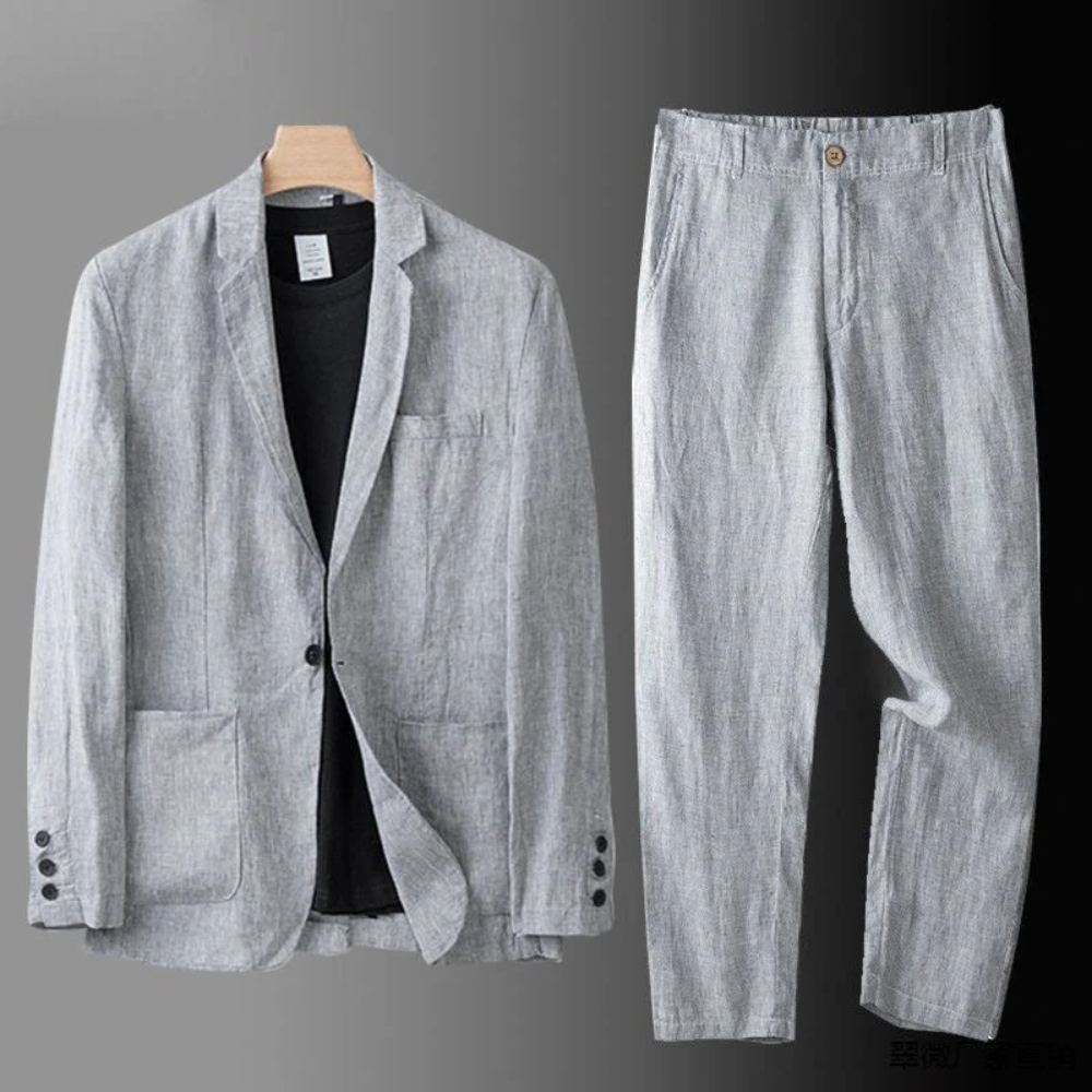 Effortless men's casual button-front cardigan & trouser set, versatile for summer style.
