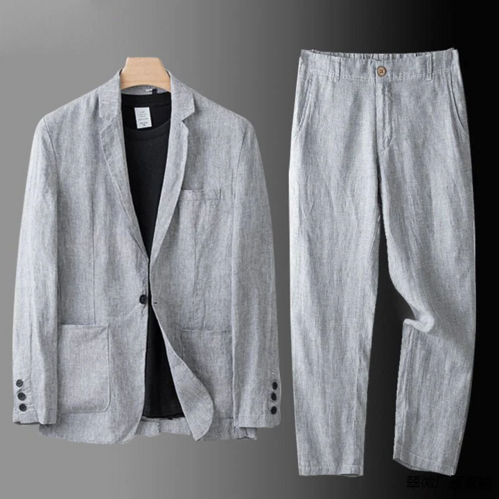 Effortless men's casual button-front cardigan & trouser set, versatile for summer style.