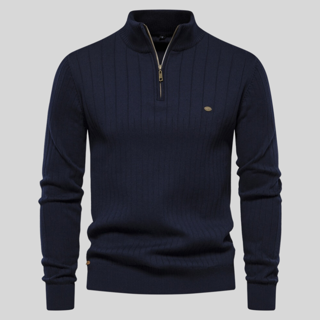Men's quarter-zip long-sleeve sweater. Casual, fitted, mock neck for versatile everyday layering.