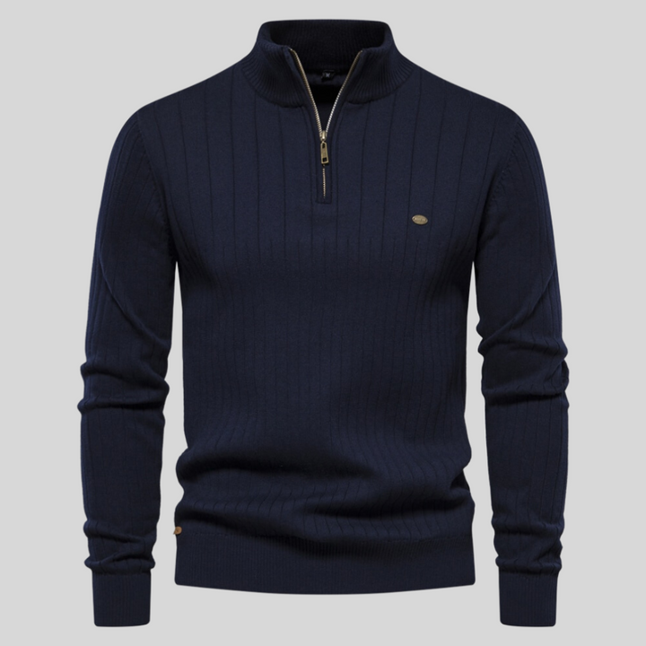 Men's quarter-zip long-sleeve sweater. Casual, fitted, mock neck for versatile everyday layering.