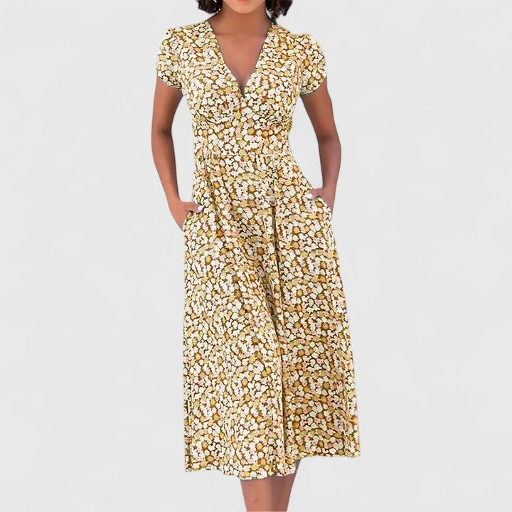 Versatile women's colorful midi dress, ideal for everyday fashion, casual outings, or elegant party wear.