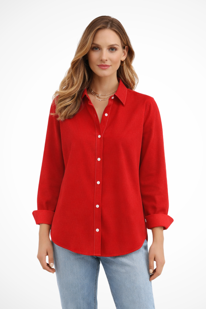 Comfortable relaxed fit women's button down long sleeve shirt, versatile for office friendly or casual outfits.
