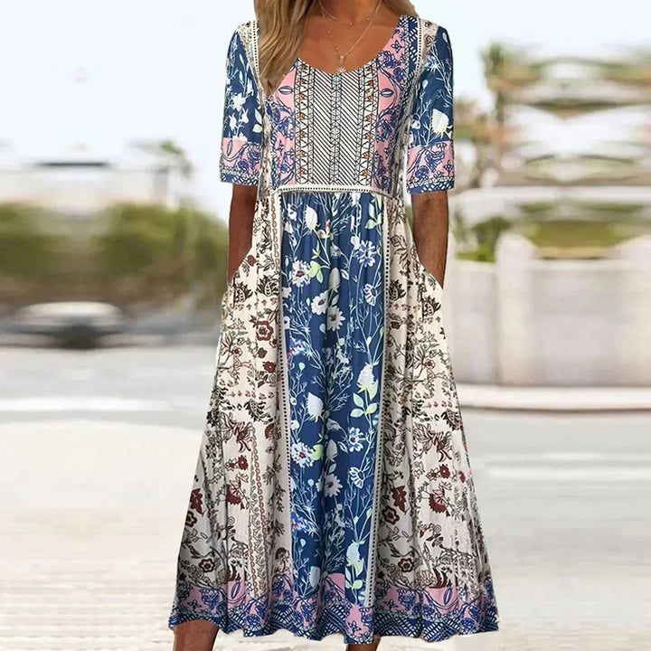 Versatile women's boho midi dress with short sleeves, ideal as a casual summer dress or elegant vacation wear.