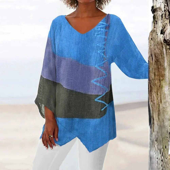 Stylish women's tricolor fashion blouse, a comfortable long-sleeve top for everyday versatility & chic look.
