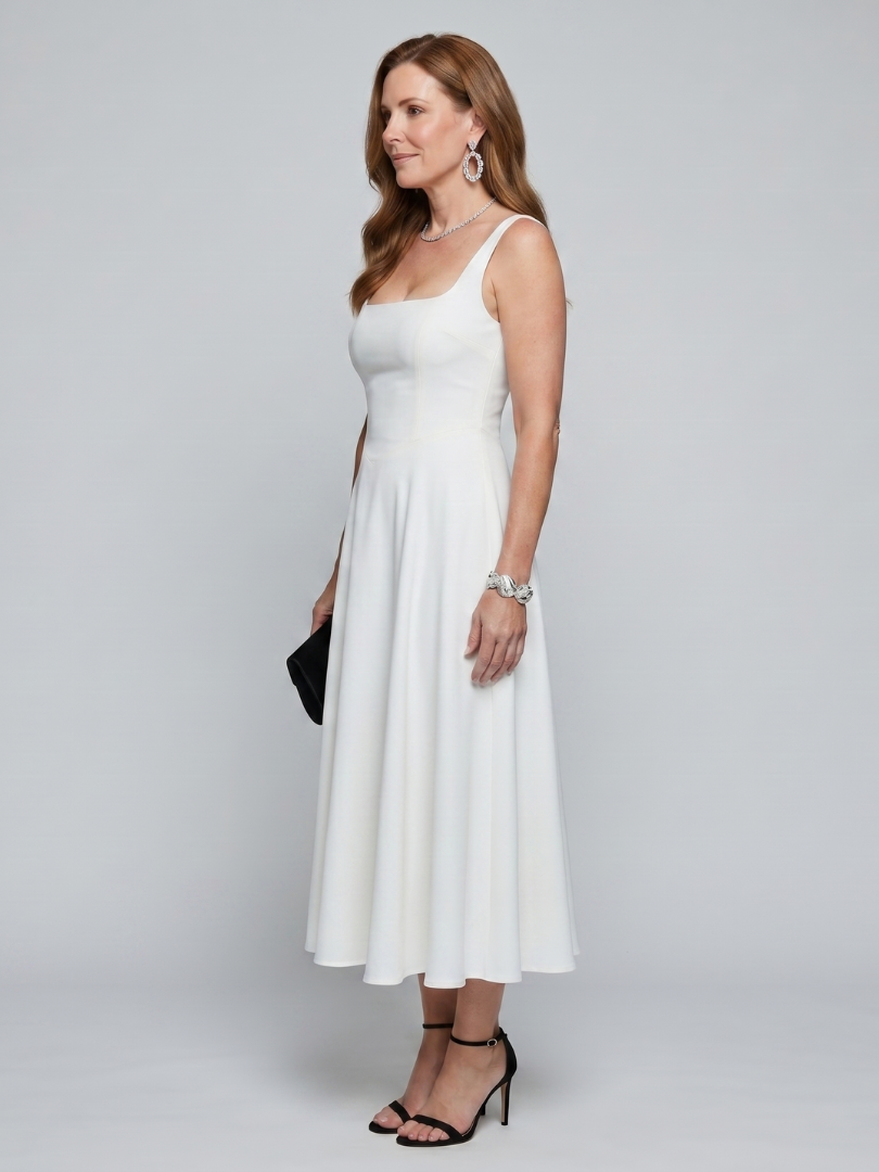 Chic women's square neck sleeveless midi dress with a flowing flared skirt, perfect for spring casual.