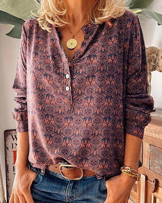 Elegant women's printed long sleeve blouse with a unique vintage design. Ideal for spring, fall & versatile apparel.