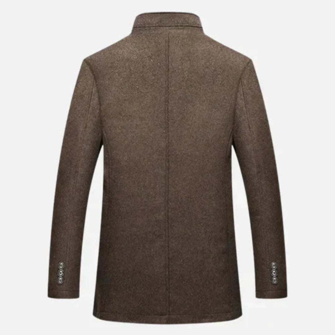 Elegant mid-length men's overcoat with stand collar, a classic piece for any fall outfit.