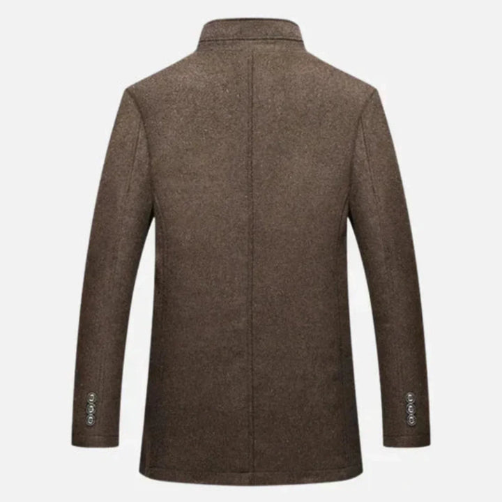 Elegant mid-length men's overcoat with stand collar, a classic piece for any fall outfit.