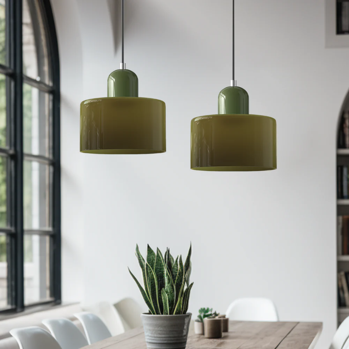 Stylish glass pendant lamp, retro design, adjustable cord enhances warm interior lighting.