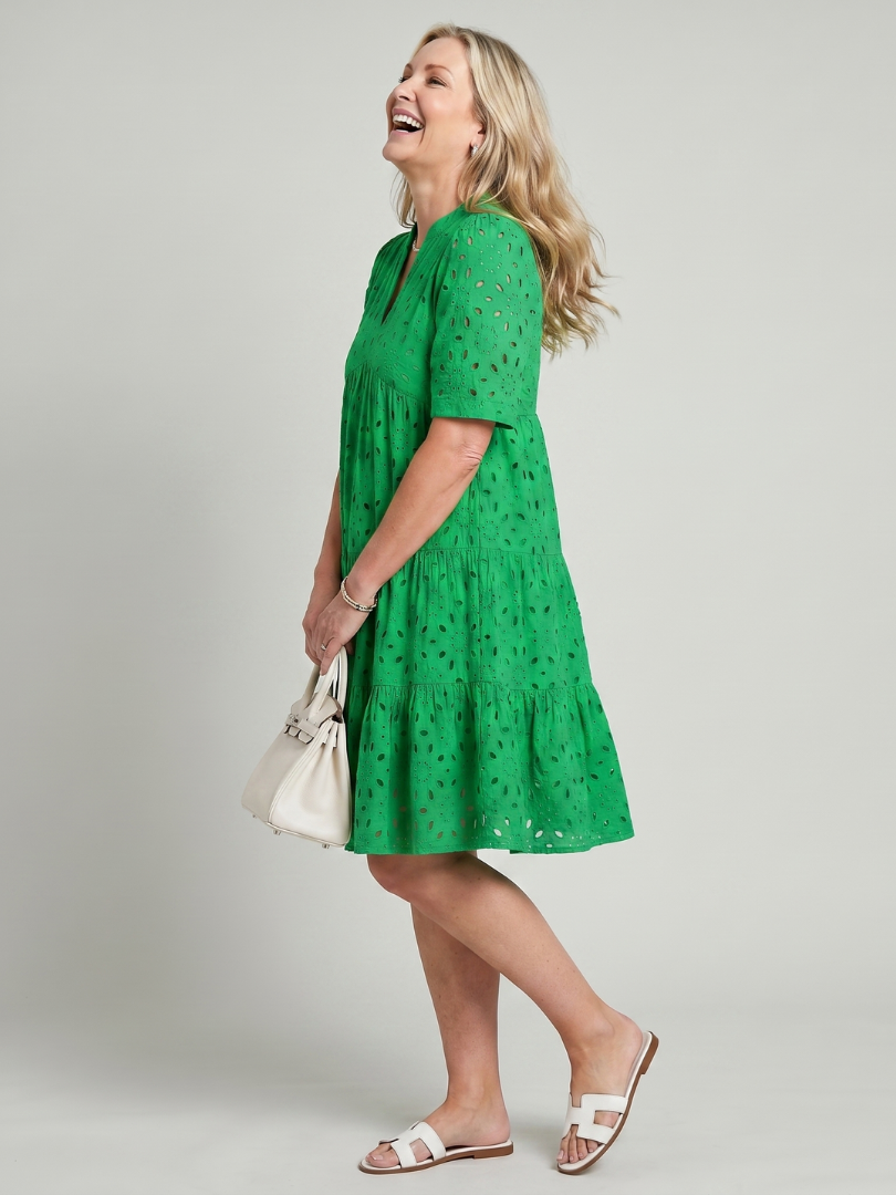 Close-up of elegant women's short sleeve eyelet detail on a tiered knee-length dress. Ideal casual summer dress.