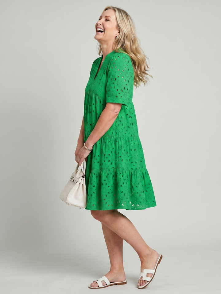 Close-up of elegant women's short sleeve eyelet detail on a tiered knee-length dress. Ideal casual summer dress.