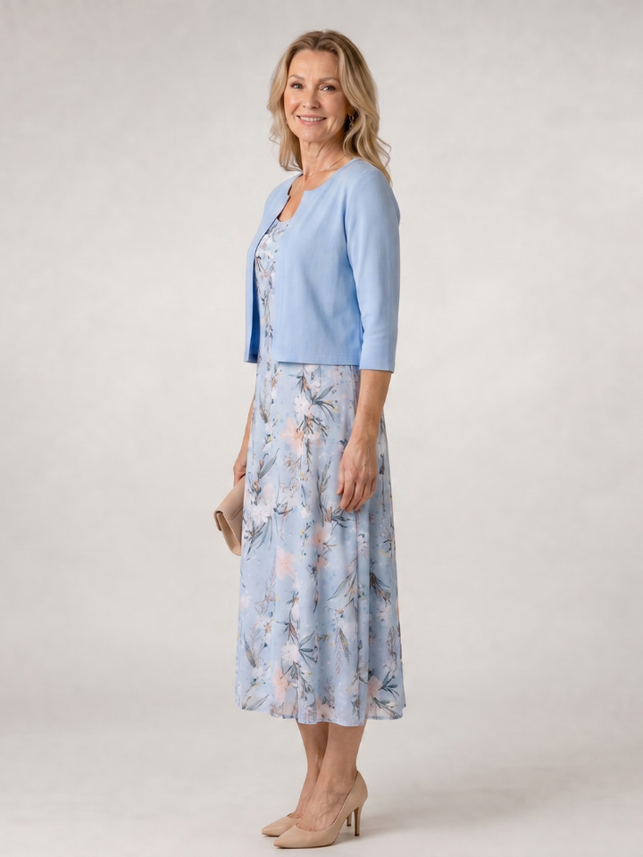 Elegant women's floral midi dress and cropped jacket set. Ideal for summer fashion & casual chic events.