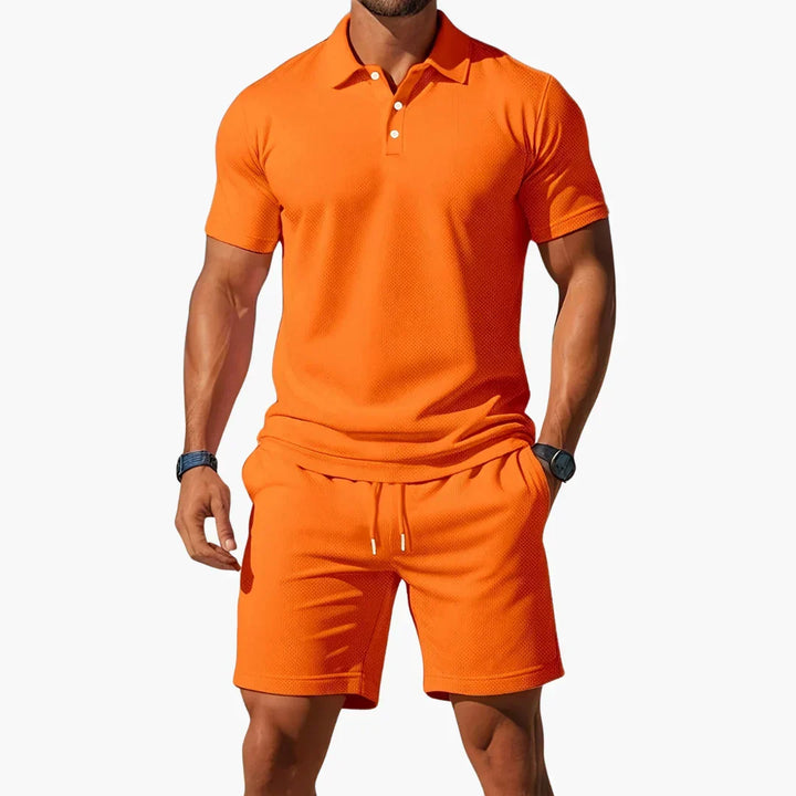 Comfy men's casual outfit featuring a stylish polo and shorts set, perfect for summer.