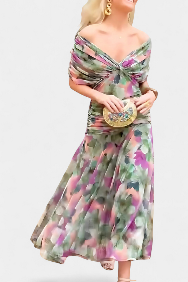 Women's long floral maxi dress, elegant V-neck style, perfect for summer parties & graceful flow.