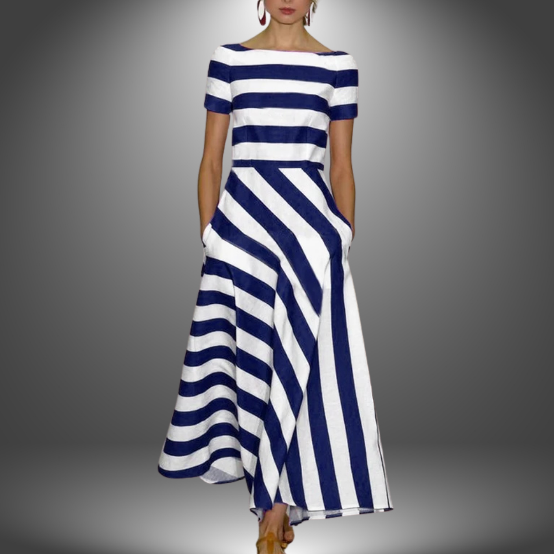 Elegant red striped A-line dress for women. Flowy short-sleeve design with a boat neckline & practical pockets.