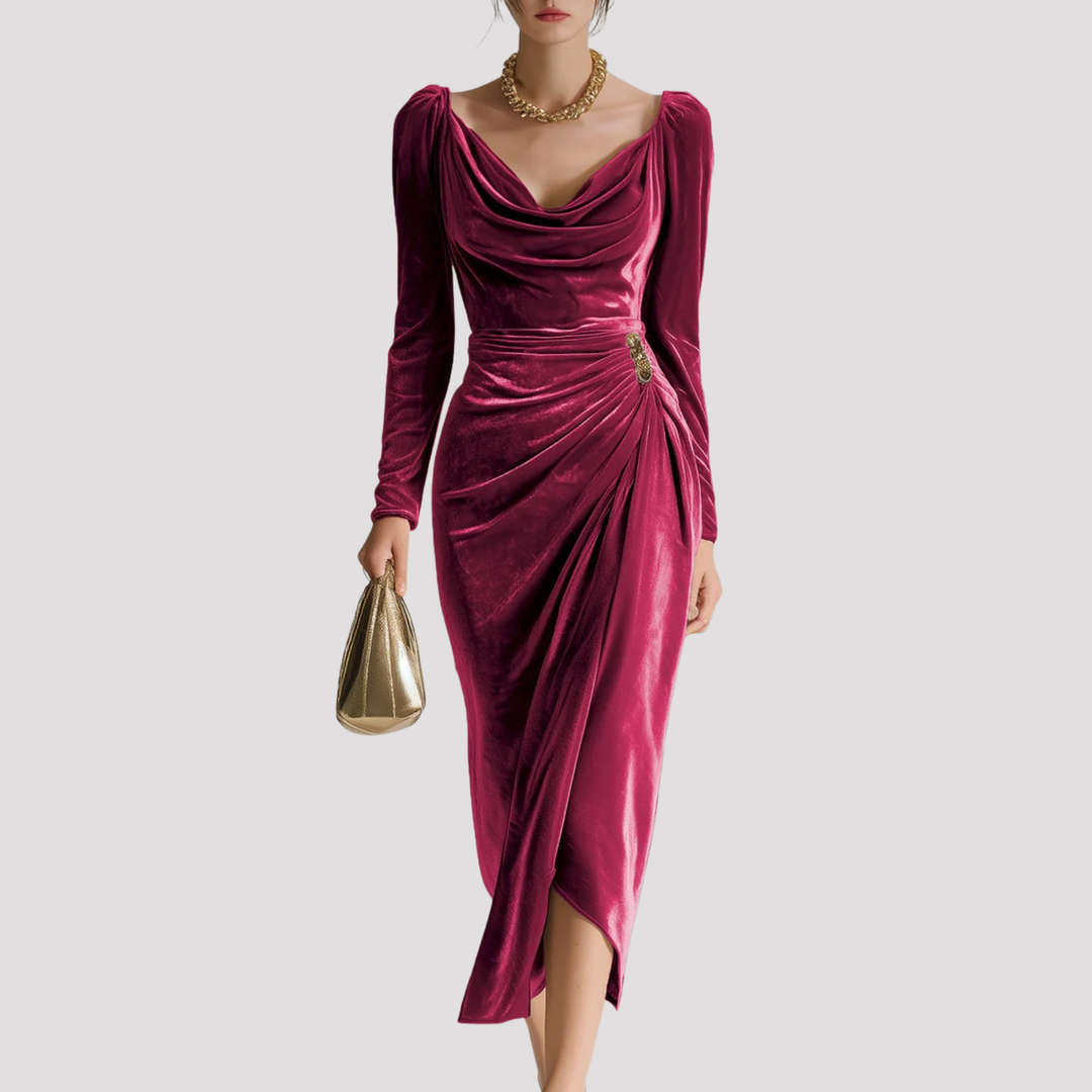 Sophisticated women's draped evening dress. Long sleeve midi length, ideal formal wear for special occasions.