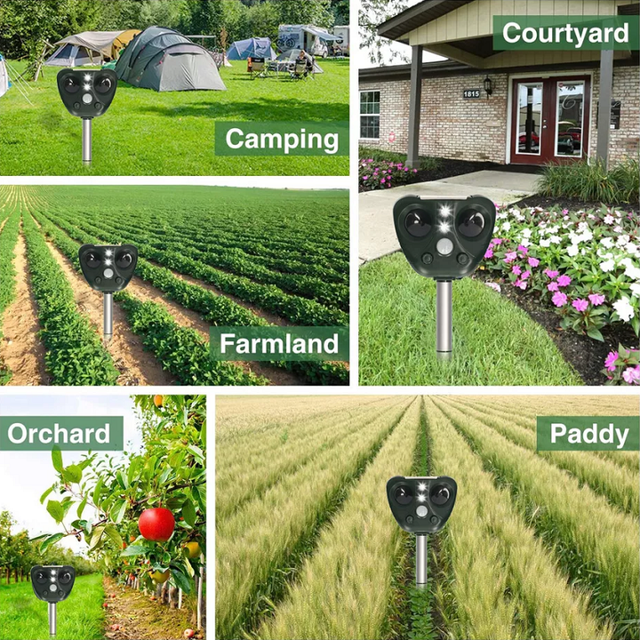 Wireless solar ultrasonic pest repeller for birds & animals, ideal eco-friendly outdoor garden protection.