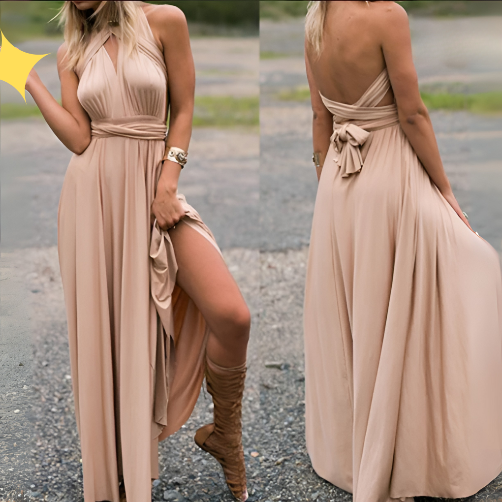 Long women's multiway maxi dress, elegant convertible evening gown for formal parties & special events.
