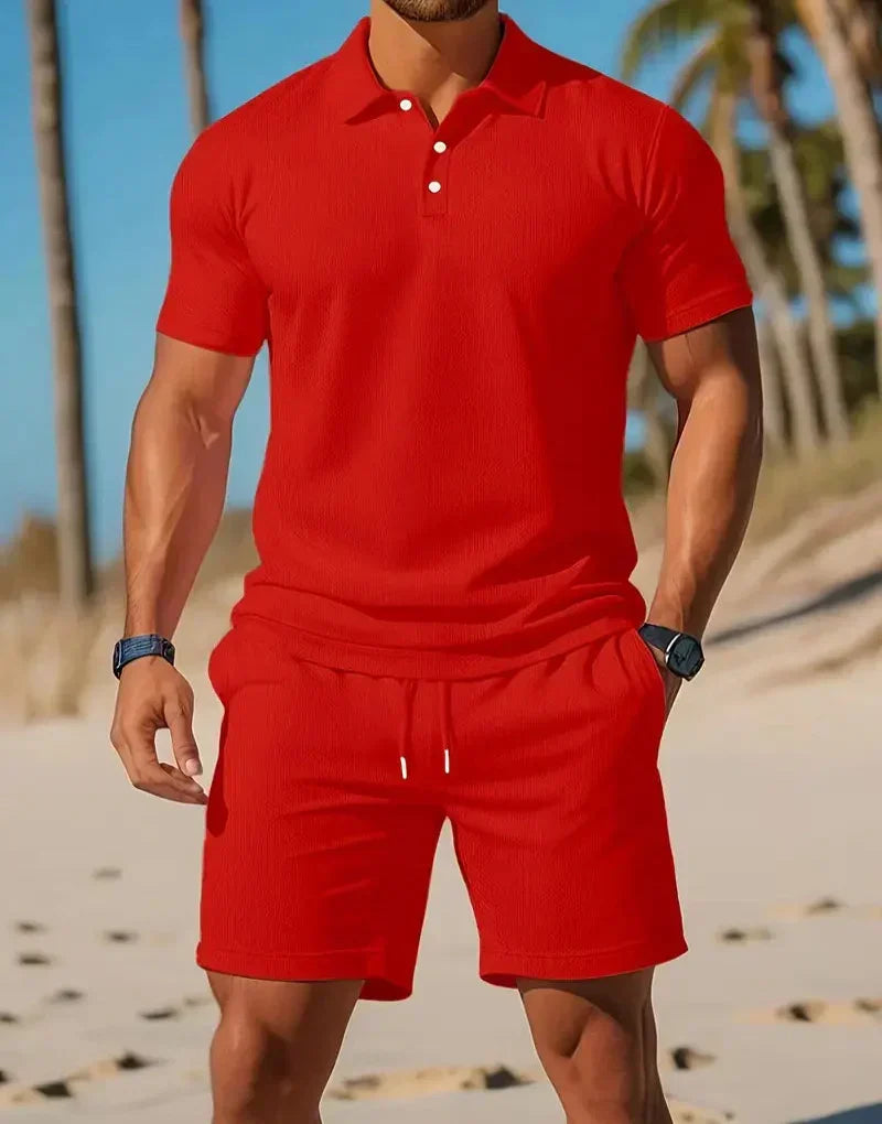 Stylish men's summer casual set: polo shirt & matching shorts. Versatile leisure wear for modern men's fashion.