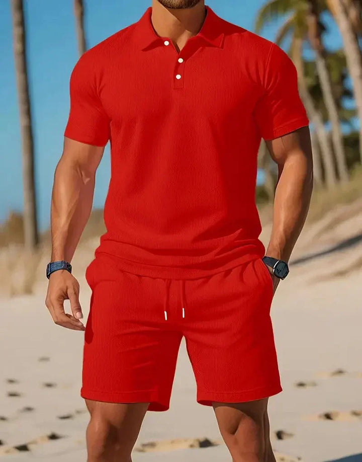Stylish men's summer casual set: polo shirt & matching shorts. Versatile leisure wear for modern men's fashion.