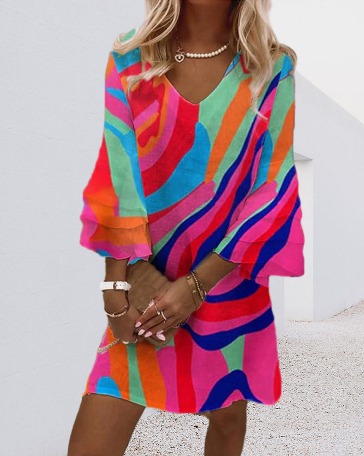 Seductive women's V-neck mini dress with elegant bell sleeves, ideal for date night or party wear.
