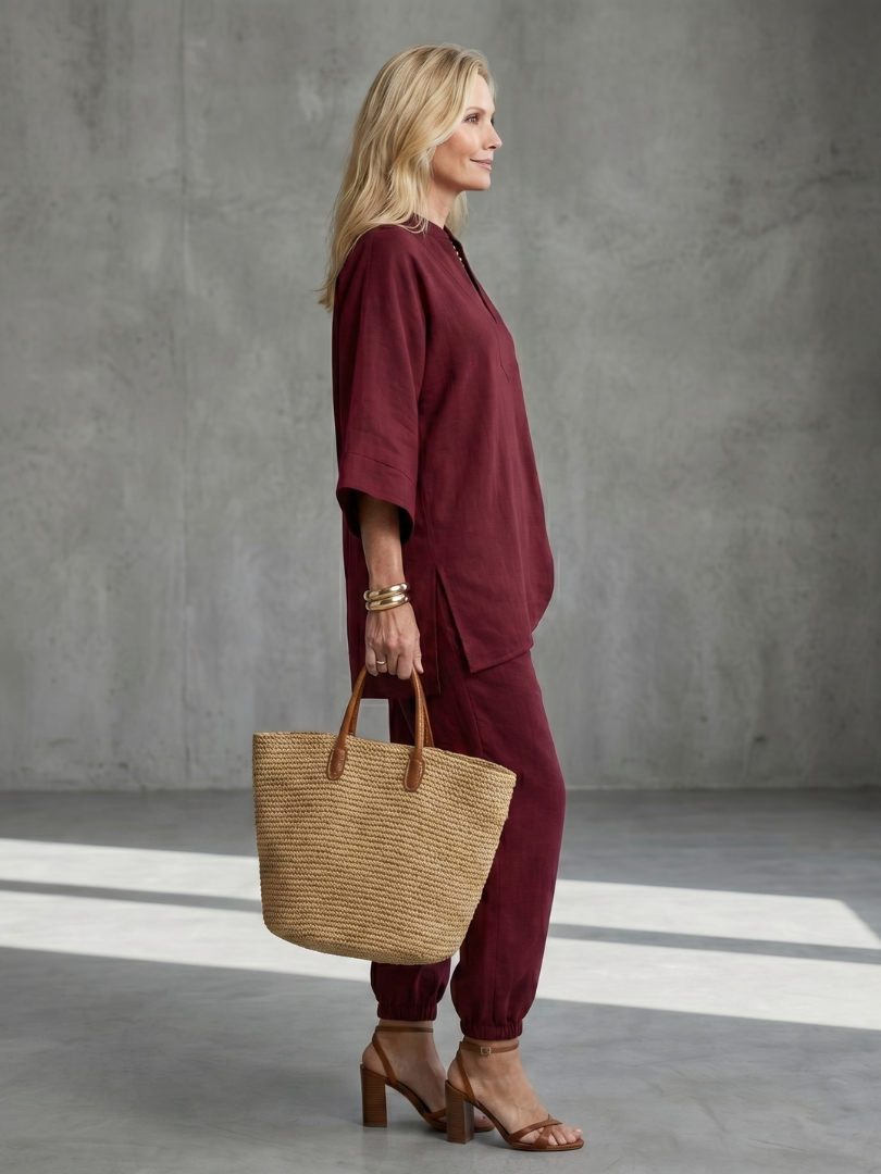 Stylish women's two-piece set with relaxed V-neck tunic and gathered trousers.