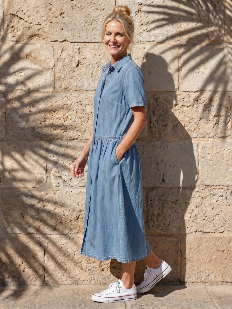 Flattering blue collared midi dress for women featuring a gathered waist, short sleeves & button front.