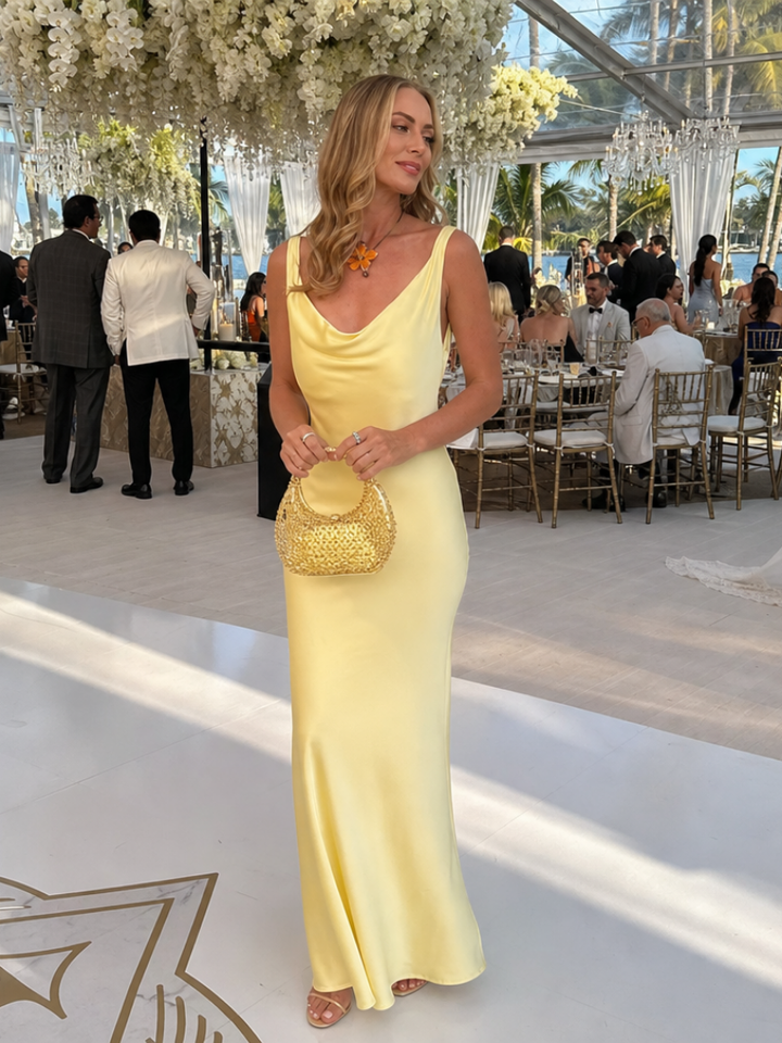 Women's sophisticated fitted maxi dress with a flattering cowl neck, suitable for elegant events.