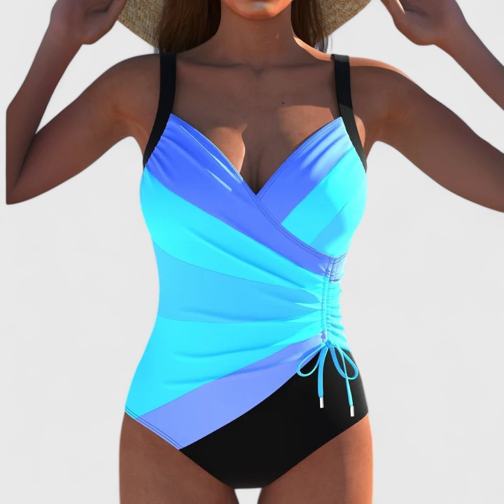 Modern printed one-piece women's swimsuit. Perfect beachwear for swimming, sunbathing, and resort pool fun.