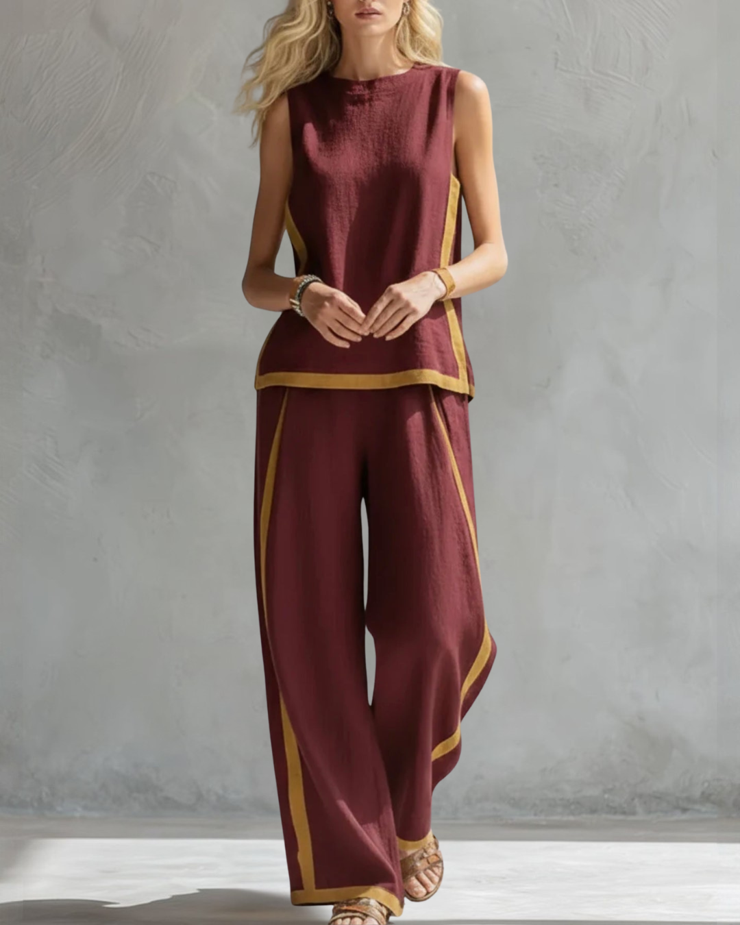 Elegant sleeveless top & wide leg trouser matching set for women. Comfortable & chic, perfect for summer outfits.