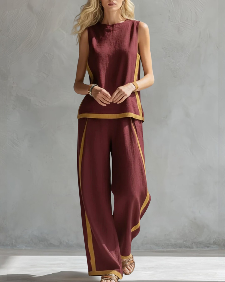 Elegant sleeveless top & wide leg trouser matching set for women. Comfortable & chic, perfect for summer outfits.
