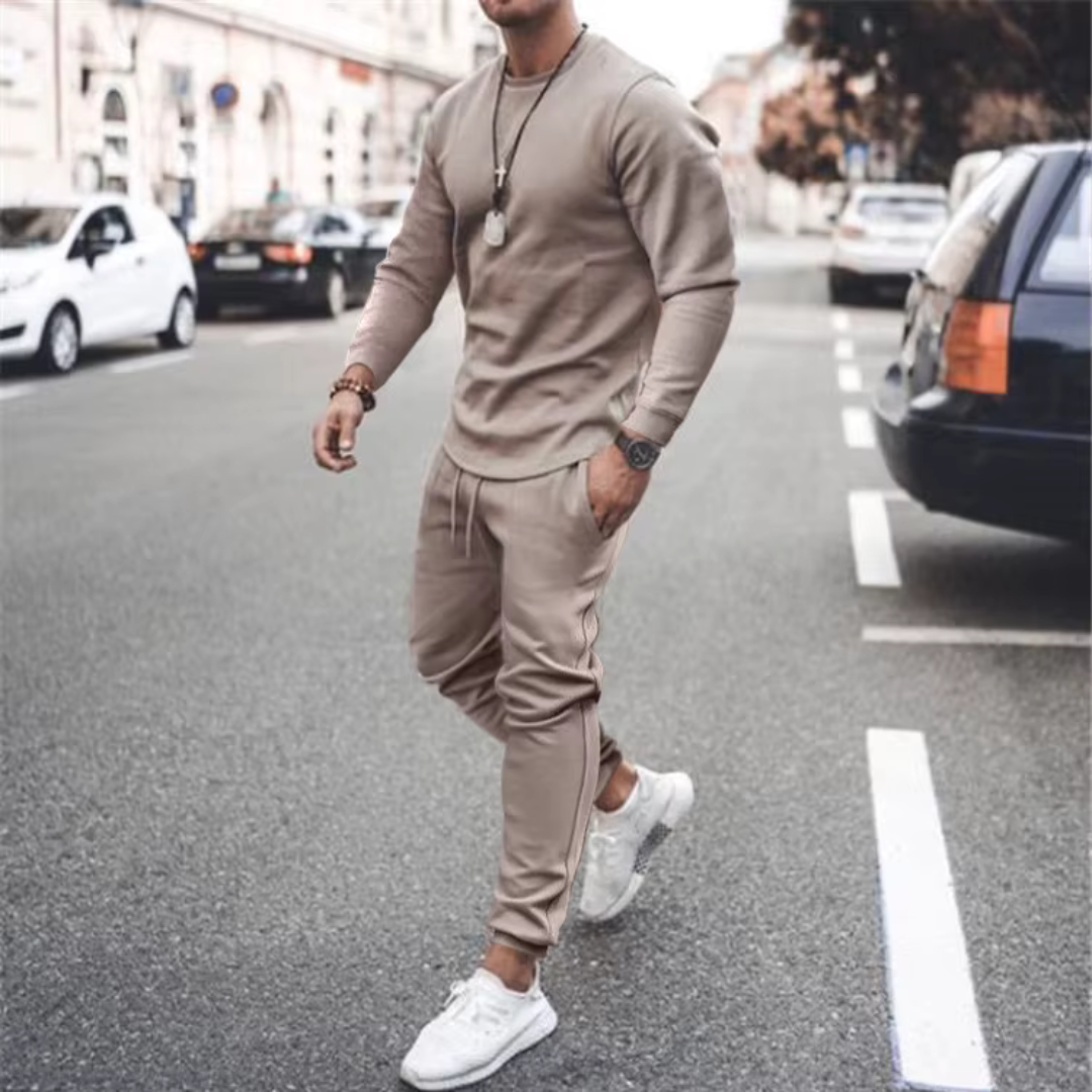 Soft cotton men's two-piece set for everyday comfort; includes a relaxed long sleeve shirt & matching pants.
