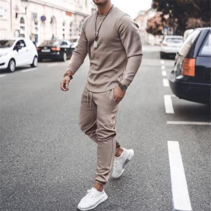 Soft cotton men's two-piece set for everyday comfort; includes a relaxed long sleeve shirt & matching pants.