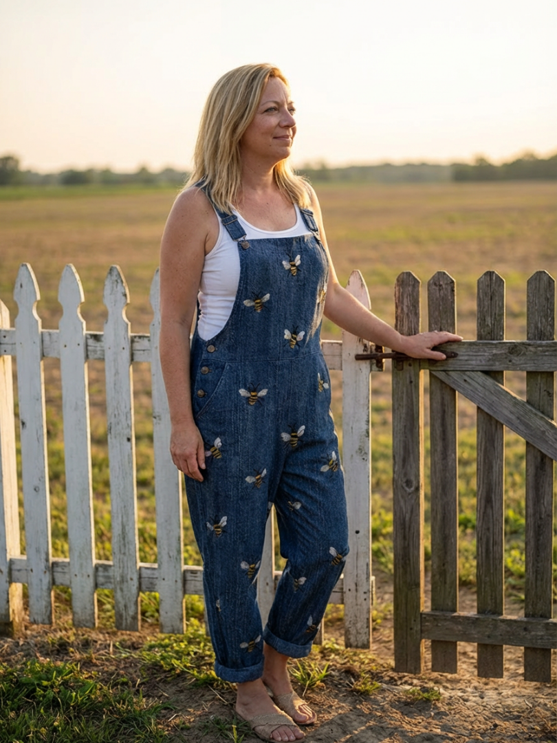 Close-up of a women's relaxed fit blue jumpsuit, highlighting the intricate print on the stylish straps.