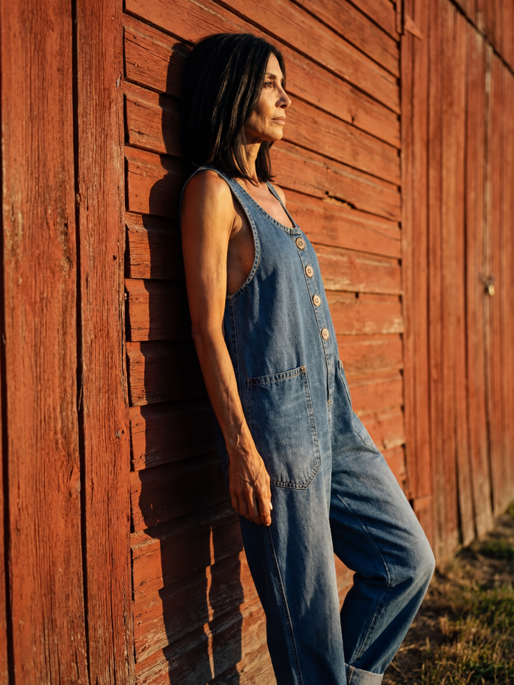 Stylish women's relaxed jumpsuit in navy, showcasing an eye-catching rooster animal print for a unique look.