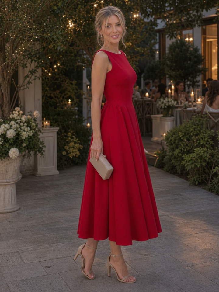Flattering fitted midi dress with crew neck, sleeveless design. Classic elegant style for women's fashion.