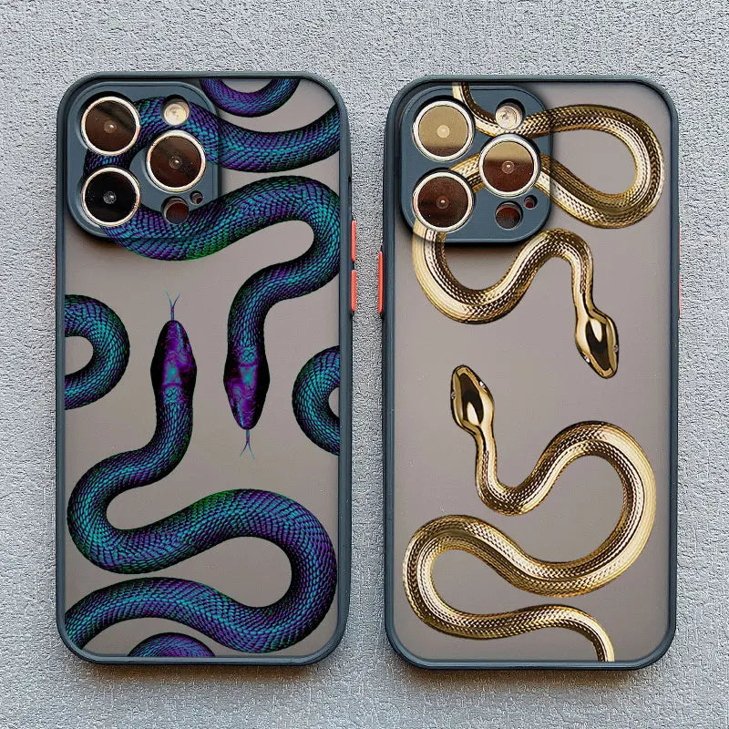 Slim designer phone case with a unique snake pattern, offering durable shock protection.