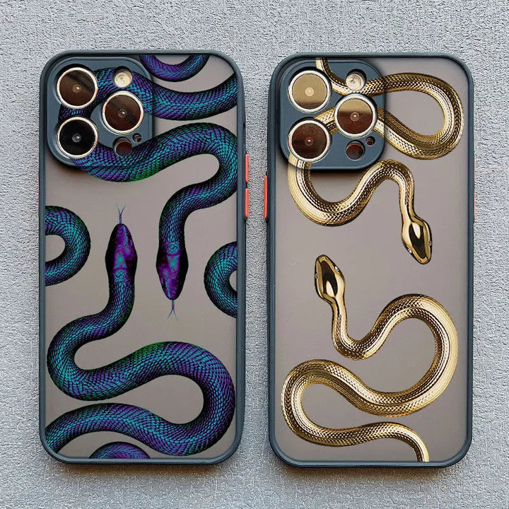 Slim designer phone case with a unique snake pattern, offering durable shock protection.