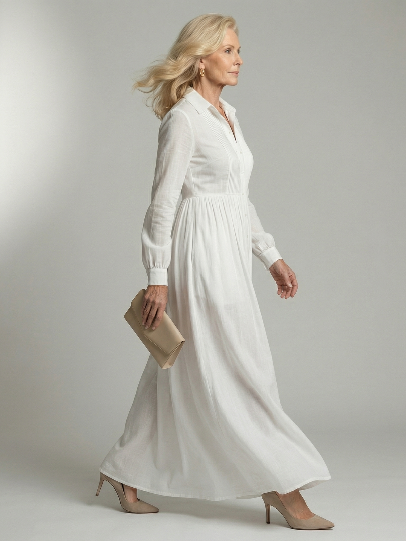 Comfortable white flowy long sleeve maxi dress for women, versatile casual style perfect for spring & summer.
