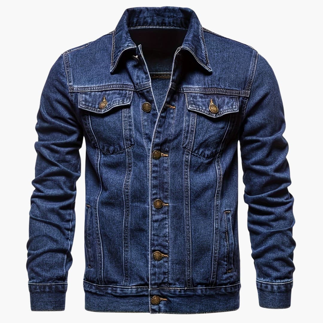 Versatile men's slim-fit denim jacket in dark blue. Casual long-sleeve outerwear for everyday fashion needs.