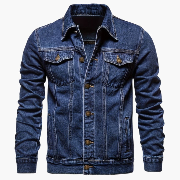 Versatile men's slim-fit denim jacket in dark blue. Casual long-sleeve outerwear for everyday fashion needs.