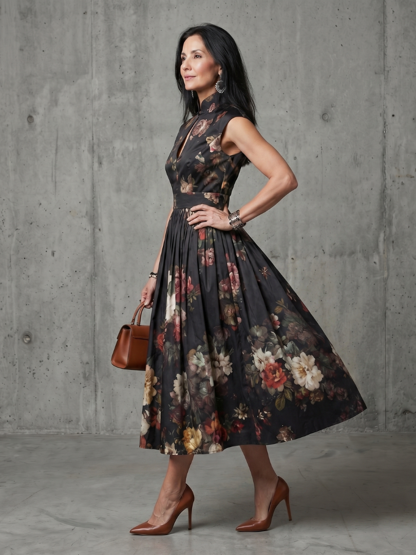 Black floral pleated midi dress with high neck & keyhole, perfect elegant occasion wear for women.