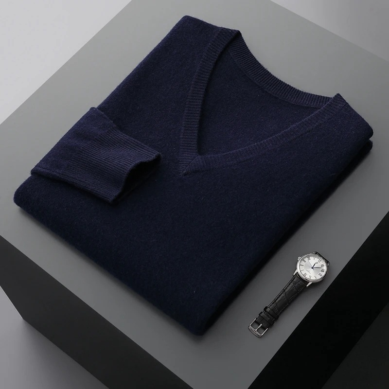 Fall fashion men's V-neck knit sweater, soft and comfortable long sleeve pullover. A versatile layering piece.