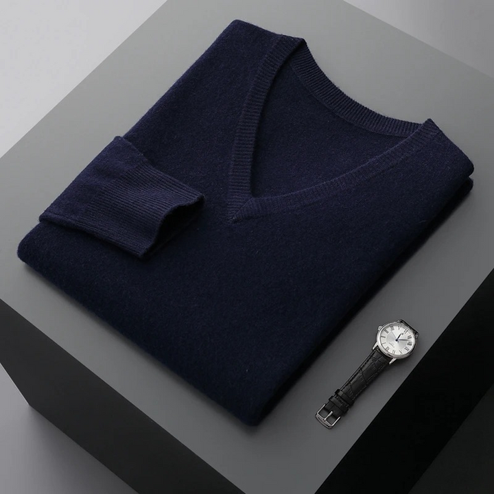 Fall fashion men's V-neck knit sweater, soft and comfortable long sleeve pullover. A versatile layering piece.