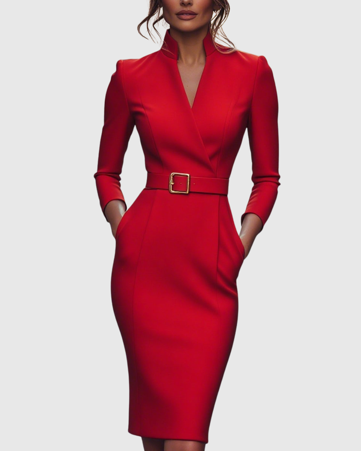 Elegant women's versatile midi dress, mock wrap with three-quarter sleeves & a stylish belt.