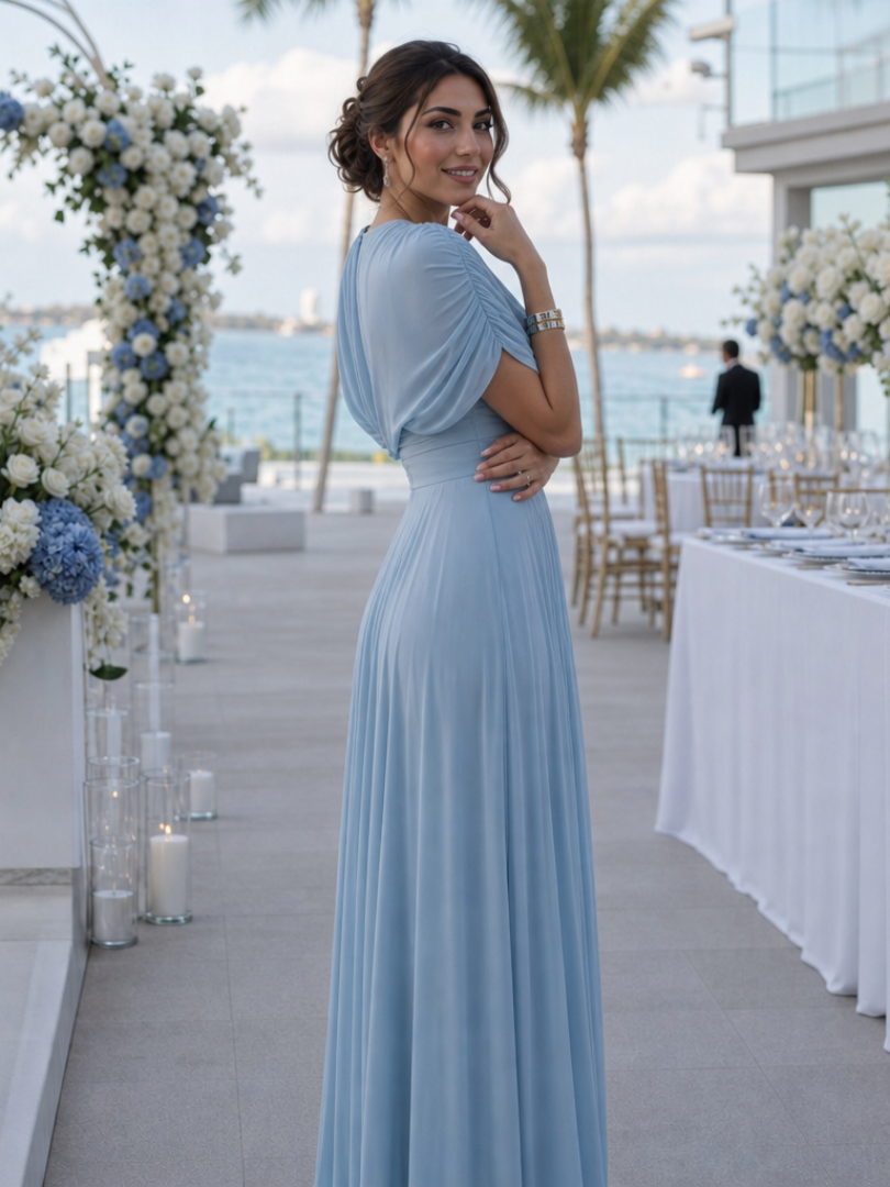 Sophisticated women's evening gown; an elegant one-shoulder draped maxi dress, ideal for formal events.