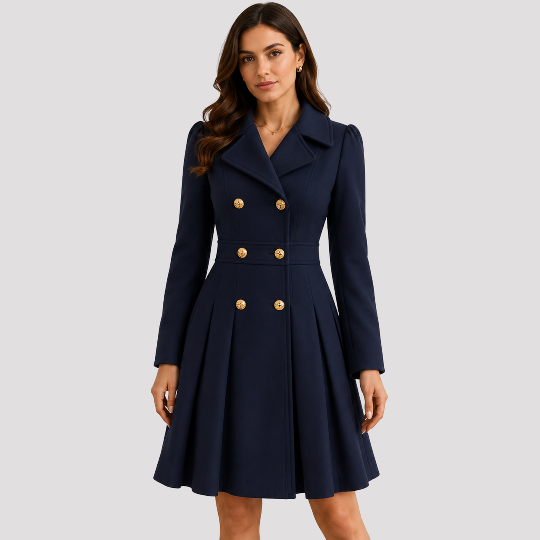 Stylish women's double-breasted coat dress, tailored fit, long sleeves; versatile for elegant formal occasions.